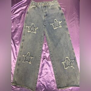 Blue-Gray Straight Leg Jeans with Star Design